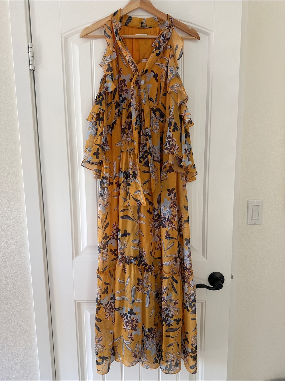 Shoshanna Mustard Floral Cold-Shoulder Maxi Dress with Ruffle Tie